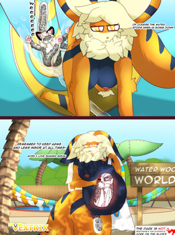 accidental_vore amusement_park anthro breasts duo female female_pred genitals nipples nude slide text unbirthing vaginal vore vulva water_park vextrix arc_vap asphinx vextrix_(vextrix) felid mammal pantherine snow_leopard comic english_text hi_res