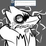 ask_blog bloodshot_eyes fur grin insane insomnia male scared smile solo text colaxpepsi nintendo pokemon barnabe floatzel generation_4_pokemon pokemon_(species) english_text hi_res