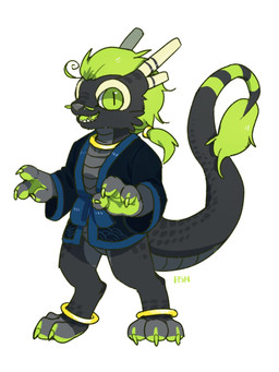 anthro black_clothing black_topwear blue_clothing blue_topwear bottomless chibi claws clothed clothing featureless_crotch glistening glistening_eyes green_body green_claws green_eyes green_hair green_pawpads green_tongue grey_body grey_nose hair horn looking_at_viewer male markings open_mouth open_smile pawpads pupils simple_background slit_pupils smile solo standing striped_markings striped_tail stripes tail tail_markings tail_tuft tongue topwear tuft white_background yellow_horn asnnonaka mythology dragon mythological_creature mythological_scalie scalie 3:4 full-length_portrait hi_res portrait signature