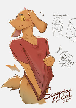 anthro blush butt clothing clothing_pull covering covering_crotch floppy_ears fur male nervous nude_male red_clothing red_shirt red_t-shirt red_topwear shirt shirt_pull shirtless_male shy solo t-shirt tail tail_motion tailwag topwear topwear_pull yellow_body yellow_fur scrumptiouscoal glitch_productions the_amazing_digital_circus scratch_(tadc) bird_dog canid canine canis domestic_dog hunting_dog labrador mammal retriever hi_res sketch