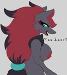 anthro areola big_breasts blue_eyes breasts eyelashes fangs female hair lipstick looking_back makeup mature_anthro mature_female nipples ponytail red_areola red_nipples simple_background smile solo teeth text blitzpitz nintendo pokemon generation_5_pokemon pokemon_(species) zoroark absurd_res hi_res