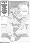 2022 anthro bon_donuts bottomwear clothing comic english_text eyes_closed hi_res humanoid_hands kemono male mammal monochrome musclegut muscular outside pants shirt sitting slightly_chubby solo suid suina sus_(pig) text topwear wild_boar