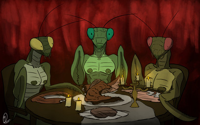 antennae_(anatomy) anthro body_parts breasts candle candlelight cannibalism death dim_lighting dinner_table exoskeleton female furniture green_eyes group light male male/female mandibles party plate red_curtains red_eyes table tablecloth wood wood_furniture wood_table yellow_eyes yenocwolf kinktober arthropod insect mantis absurd_res hi_res