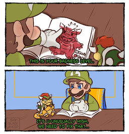 2_panel_comic 3_toes 4_fingers anthro armband arms_bent big_nose black_armband black_border black_bracelet black_eyebrows blue_clothing blue_eyes blue_overalls blue_wall blush blush_lines book border bracelet brown_facial_hair brown_hair brown_mustache chair claw_fingers claw_toes claws closed_frown clothed clothed_human clothed_male clothing crossed_arms dialogue drawing_(object) duo eye_contact eyebrows facial_hair fangs feet fingers frown frowning_at_another fully_clothed fully_clothed_human fully_clothed_male furniture gesture gloves green_clothing green_hat green_headwear green_shell green_shirt green_topwear grumpy hair hand_gesture hands_together handwear hat headgear headwear horn inside jewelry king larger_human larger_male light looking_at_another looking_at_book looking_at_object male male_anthro male_human mouth_closed multicolored_body multicolored_scales mustache on_chair on_table open_book open_mouth overalls pawpads pointing red_eyebrows red_eyes red_hair royalty scales shell shirt short_hair sitting sitting_on_chair sitting_on_table size_difference smaller_anthro smaller_male spiked_armband spiked_shell spikes spikes_(anatomy) table tail talking_to_another tan_body tan_pawpads tan_skin teeth text thick_eyebrows toes topwear wall_(structure) white_claws white_clothing white_gloves white_handwear white_horn white_spikes wood wood_furniture wood_table yellow_body yellow_scales yellow_tail shyblacksheep disney lilo_and_stitch mario_bros nintendo this_is_your_x_level bowser luigi human koopa mammal scalie 2025 artist_name colored comic digital_drawing_(artwork) digital_media_(artwork) english_description english_text hi_res lighting meme shaded