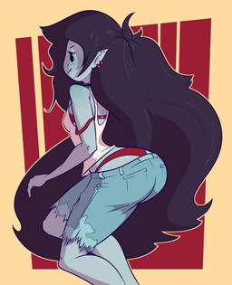 big_butt black_hair bottomwear bra butt clothed clothing cute_fangs ear_piercing fangs female hair humanoid_pointy_ears long_hair not_furry panties piercing pointy_ears shirt shorts smile solo tank_top teeth topwear torn_clothing underwear dabbledraws adventure_time cartoon_network marceline_abadeer humanoid vampire 2016 hi_res