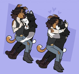 anthro belt blue_background boots bottomwear chest_tuft chibi clothing denim denim_bottomwear denim_clothing duo ear_piercing ear_ring eyes_closed facial_hair footwear hair half-closed_eyes jeans jewelry kissing long_hair love male male/male narrowed_eyes necklace on_lap pants piercing ring_piercing romantic romantic_couple shoes sideburns simple_background sitting_on_lap smile studded_belt studs torn_bottomwear torn_clothing torn_pants tuft cadaverrdog eli_(fleetwoodbrak) gio_(cadaverrdog) canid canine canis collie domestic_dog herding_dog hybrid mammal pastoral_dog sheepdog smooth_collie wolfdog
