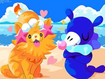 ambiguous_gender beach blue_body cloud duo eyes_closed fangs feral fur gem hair heart_symbol markings open_mouth orange_body orange_fur orange_hair paws pearl_(gem) sea sitting sky sparkles starfish_(accessory) tail teeth text tongue tongue_out water whisker_markings sleepy_sealion nintendo pokemon pokemon_winds_and_waves aquatic asterozoan canid canine echinoderm generation_10_pokemon generation_7_pokemon mammal pokemon_(species) pombon popplio starfish 2026 4:3 absurd_res dated english_text hi_res signature