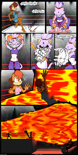 4_toes anthro barefoot bodily_fluids clothed clothing cybernetics dialogue duo elemental_manipulation feet female fighting_ring fire fire_manipulation inside machine paws plantigrade speech_bubble stadium sweat sweatdrop text toes himitsu justtaylor sega sonic_the_hedgehog_(series) blaze_the_cat bunnie_rabbot miles_prower rouge_the_bat sally_acorn bat canid canine canis chipmunk cyborg domestic_cat felid feline felis fox ground_squirrel lagomorph leporid mammal rabbit rodent sciurid absurd_res comic english_text hi_res