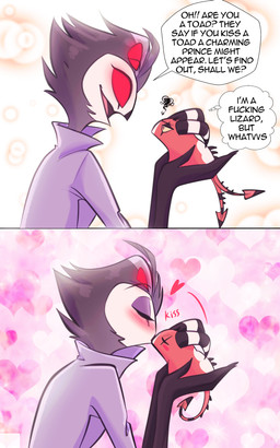 4_eyes alternate_species annoyed anthro back_spines beak black_beak blush blush_lines canon_couple clothed clothing dialogue duo eye_contact eyebrows eyelashes eyes_closed eyeshadow feather_hair feathers glowing glowing_eyes grey_body grey_feathers heart_background heart_symbol holding_another horn kiss_on_lips kissing looking_at_another makeup male male/male markings multi_eye multicolored_body no_pupils open_mouth open_smile pink_background profanity pseudo_hair red_body red_eyes red_sclera shirt simple_background size_difference smile spade_tail speech_bubble spiked_tail spikes spikes_(anatomy) spines striped_horn striped_markings striped_tail stripes tail tail_markings tail_motion tailwag text thought_bubble tongue topwear white_background yellow_sclera zero_lawliet hellaverse helluva_boss blitzo_(helluva_boss) stolas_(helluva_boss) avian bird demon lizard owl owl_demon reptile scalie absurd_res comic english_text hi_res