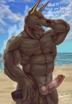 ambiguous_fluids animal_genitalia animal_penis anthro balls beach biceps black_body bodily_fluids canine_genitalia canine_penis cum cum_on_penis erection fluid-body genital_fluids genitals knot knotted_penis looking_at_viewer male muscular musk musky_balls musky_penis nipples nude pecs penis sheath simple_background smile solo steam sweat sweaty_balls sweaty_genitalia sweaty_legs text chamuskinha mythology anubian_jackal canid canine canis humanoid jackal mammal 2025 english_text