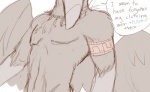 anthro armband bare_chest beak dialogue feathered_wings feathers fur grey_body grey_fur jewelry male model muscular muscular_anthro muscular_male necklace seductive solo text ventral_groove wings gasmask_(artist) lino_(gasmark) avian bird toucan english_text monochrome