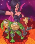 abs anthro armor belt biceps big_breasts black_hair breasts cleavage clothed clothing eyewear female flexing glasses gloves group hair handwear lava male muscular muscular_male pecs pose smile sunglasses topless jmatchead battletoads rareware dark_queen_(battletoads) pimple_(battletoads) rash_(battletoads) zitz_(battletoads) amphibian frog human mammal toad_(frog) hi_res