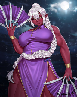 asian_clothing big_breasts black_sclera bracelet braided_hair breasts chinese_clothing chinese_dress clothed clothing cloud dress east_asian_clothing female full_moon hair humanoid_pointy_ears jewelry long_hair moon night pointy_ears red_body red_skin solo star white_hair yellow_eyes pashapencil humanoid orc hi_res