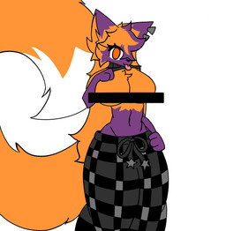 anthro big_breasts breasts censor_bar clothed clothing ear_piercing exposed_breasts eyelashes female fluffy fur hair long_hair looking_at_viewer orange_body pajama_pants piercing purple_body raised_clothing raised_topwear simple_background small_waist smile solo tail tongue tongue_out topwear foxiusrahhh canid canine fox mammal absurd_res censored digital_media_(artwork) hi_res