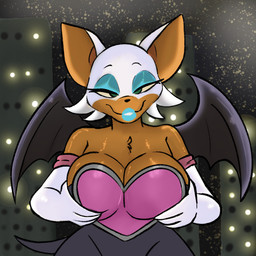 anthro big_breasts biped blue_eyeshadow blue_lipstick breasts brown_body brown_fur chest_tuft city cleavage clothed clothing dark_body dark_skin detailed_background eyelashes eyeshadow female fur glistening glistening_body green_eyes half-closed_eyes lidded_eyes lipstick looking_at_viewer makeup membrane_(anatomy) membranous_wings narrowed_eyes night outside presenting presenting_breasts short_tail sky smile solo star starry_sky tail tuft white_body white_fur wings manitka sega sonic_the_hedgehog_(series) rouge_the_bat bat mammal 1:1 2026 digital_media_(artwork) hi_res