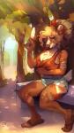 big_breasts blonde_hair bottomwear breasts cleavage clothed clothing denim denim_bottomwear denim_clothing denim_shorts female food_on_breasts hair orange_eyes shorts solo tattoo bypbap jordan_dane badger mammal mustelid musteline absurd_res hi_res