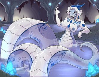 anthro apode blue_body breasts cavern detailed_background female glowing legless markings nipples nude nude_female scale_markings scales serpentine split_form water stogiegoatarts mythology draconcopode dragon hybrid lamia mythological_creature mythological_scalie reptile scalie snake digital_media_(artwork)