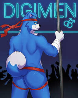 anthro audience big_butt blue_body blue_fur butt butt_focus chest_tuft claws clothing fur gender_symbol group jockstrap looking_at_viewer looking_back male male/male_symbol male_symbol muscular muscular_male neon_lights neon_sign nightclub pole presenting presenting_hindquarters sexuality_symbol sign solo_focus stripper stripper_pole striptease symbol tail tail_tuft tuft underwear white_body white_fur yellow_eyes friken bandai_namco digimon canid canine canis digimon_(species) domestic_dog gaomon mammal 4:5 absurd_res hi_res