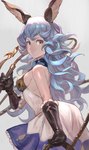 2016 black_clothing black_gloves black_handwear blue_bottomwear blue_clothing blue_hair blue_skirt bottomwear breasts clothing curled_hair cygames dress female ferry_(granblue_fantasy) gloves granblue_fantasy grey_background hair handwear hi_res holding_object holding_weapon humanoid lalalalack long_hair looking_aside mouth_closed multicolored_clothing multicolored_dress side_boob simple_background skirt solo weapon whip white_clothing white_dress yellow_eyes