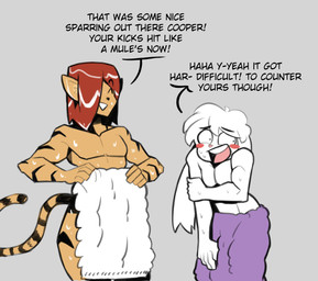 after_shower anthro blush dialogue duo femboy fur hair male orange_body orange_fur red_hair stripes text towel towel_only wet white_body white_fur boxx_wrench claude_(boxx_wrench) cooper_(boxx_wrench) felid humanoid lagomorph leporid mammal pantherine rabbit tiger english_text hi_res