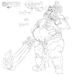 anthro armor belly big_belly big_breasts biped black_body black_fur black_hair boots breasts burger clothed clothing count dialogue eating fantasy female food footwear fully_clothed fur game_avatar gameplay_mechanics greaves gui hair hair_bun holding_food holding_melee_weapon holding_object holding_sword holding_weapon melee_weapon midriff number offscreen_character open_mouth open_smile overweight overweight_anthro overweight_female plate_armor profanity shoes simple_background smile solo speech_bubble standing sword text thick_thighs three-quarter_view weapon weight_gain white_background white_body white_fur grindaviking bear giant_panda mammal black_and_white english_text full-length_portrait monochrome portrait