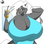 anthro beverage big_breasts breasts cleavage clothed clothing curvy_figure female huge_breasts one-piece_swimsuit solo swimwear voluptuous chrisandcompany kelsey_sienna mammal mephitid skunk 1:1 absurd_res hi_res