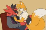 aged_up clothing eye_contact looking_at_another male male/male on_lap sitting_on_lap unprofessional_behavior enlisentity nintendo pokemon sega sonic_the_hedgehog_(series) miles_prower canid canine fox generation_7_pokemon incineroar mammal pokemon_(species) crossover hi_res