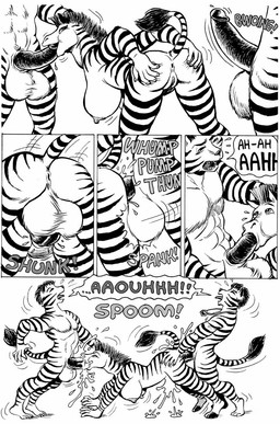 anthro anus areola backsack balls big_breasts bodily_fluids breasts butt clone cum cum_in_mouth cum_in_vagina cum_inside dialogue double_penetration erect_nipples erection eyes_closed fellatio female genital_fluids genitals group group_sex male male/female nipples open_mouth oral oral_penetration orgasm penetration penile penis sex spitroast stripes sweat tail tail_tuft text tuft vaginal vaginal_penetration vulva karno equid equine felid horse mammal pantherine tiger zebra comic english_text monochrome