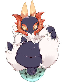 arthropod_abdomen balls blue_body cross_pupils feral flaccid foreskin front_view fur genitals horn humanoid_genitalia humanoid_penis legs_up looking_at_viewer male male_feral monotone_body monotone_fur navel nipples penis red_horn semi-anthro simple_background slightly_chubby slightly_chubby_male solo unretracted_foreskin white_background white_body white_fur yellow_eyes ookm nintendo pokemon ancient_pokemon generation_9_pokemon paradox_pokemon pokemon_(species) slither_wing 2023 digital_drawing_(artwork) digital_media_(artwork) shaded soft_shading