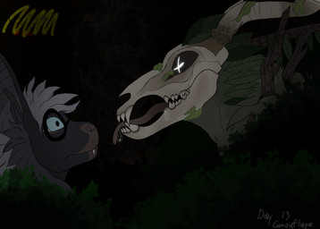 anthro big_ears bodily_fluids bone constricted_pupils cross_eyes dark drooling drooling_tongue duo eyewear eyewear_only female glasses glasses_only glowing_pupils leaf leaf_hair male male/female moss nude plant plant_hair pseudo_hair pupils saliva scared skull skull_head small_pupils wearing_glasses lyrical_impressions_(artist) grey_(lyrical_impressions) roanoke_deadnettle_(thorad) bat deer mammal absurd_res hi_res