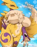 anthro areola big_breasts biped blue_eyes breasts dialogue female fur genitals navel nipples pussy solo tan_areola tan_nipples white_body white_fur yellow_body yellow_fur ashraely bandai_namco digimon canid digimon_(species) mammal renamon 2024 absurd_res hi_res