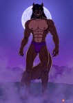 2022 abs anthro canid canine clothing collar countershading fan_character fog full-length_portrait full_moon grin hi_res kappax looking_at_viewer male mammal moon muscular muscular_male mythological_canine mythological_creature mythology nipples pecs portrait purple_clothing purple_underwear smile solo spiked_collar spikes underwear were werecanid werecanine werewolf