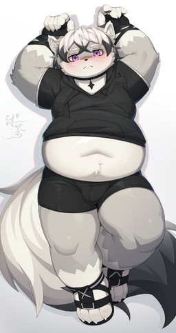 4_toes 5_fingers :< anthro belly belly_tuft big_belly big_tail biped black_body black_bottomwear black_clothing black_ears black_fur black_hair black_highlights black_nose black_pawpads black_shirt black_shorts black_tail black_tail_tip black_topwear blush blush_lines bottomwear bulge choker claws clothed clothing countershade_face countershade_fur countershade_torso countershading dipstick_tail ear_piercing ear_ring exposed_belly facial_scar feet finger_claws fingerless_gloves fingerpads fingers fluffy fluffy_tail footwear front_view fully_clothed fur glistening glistening_belly glistening_body glistening_eyes glistening_fur gloves gloves_(marking) grey_body grey_ears grey_fur grey_tail hair handwear highlights_(coloring) inner_ear_fluff jewelry kemono leg_markings looking_at_viewer lying male male_anthro markings multicolored_body multicolored_ears multicolored_fur multicolored_hair multicolored_tail navel necklace nose_scar on_back overweight overweight_anthro overweight_male pawpads pendant piercing pink_eyes pupils raised_arms ring_piercing sandals scar shirt shoes short_hair shorts simple_background socks_(marking) solo tail tail_markings thick_tail thick_thighs toe_claws toes topwear tuft two_tone_hair white_background white_body white_claws white_countershading white_ears white_fur white_hair white_inner_ear white_inner_ear_fluff lio29227541 canid canine mammal 2026 absurd_res colored digital_media_(artwork) full-length_portrait hi_res portrait shaded signature