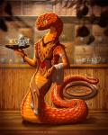 5_fingers anthro apode breasts cleavage clothed clothing detailed_background female fingers legless non-mammal_breasts orange_body orange_scales scales serpentine solo text ventral_scales yellow_eyes suzidragonlady bush_viper draconcopode naga old_world_viper reptile scalie snake variable_bush_viper viper 4:5 digital_media_(artwork) english_text hi_res orange_theme warm_colors