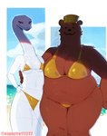 anthro beach biped breasts brown_body brown_fur closed_smile detailed_background duo eyebrows eyelashes female fingers fur looking_at_viewer mouth_closed navel nipple_outline scales simple_eyes smile standing white_body white_scales espectro111222 frey_(espectro111222) seki_(espectro111222) bear mammal reptile scalie snake hi_res