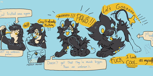 ambiguous_gender black_body black_fur blue_body blue_fur blush bottomwear clothing dialogue drinking_potion eyes_closed eyewear facial_piercing feral fur fur_growth glasses growth hair human_to_feral mane mane_hair markings multicolored_body multicolored_fur nose_piercing pants paws piercing potion potion_bottle profanity raised_tail round_ears simple_background smile snout snout_growth solo species_transformation striped_body striped_fur striped_markings stripes tail tail_growth torn_clothing transformation transformation_potion transformation_sequence velvaite nintendo pokemon felid generation_4_pokemon human luxray mammal pokemon_(species) 2026 digital_drawing_(artwork) digital_media_(artwork) hi_res sequence