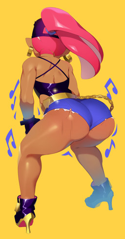 big_butt bodily_fluids boots bottomwear butt clothing dark_body dark_skin denim denim_bottomwear denim_clothing denim_shorts ear_piercing ear_ring femboy footwear gold_(metal) gold_belt gold_ear_ring hair hat headgear headwear high_heeled_boots high_heels hotpants male multicolored_pseudo_hair multicolored_tentacles piercing pink_hair pink_pseudo_hair pink_tentacles ponytail pseudo_hair rear_view ring_piercing shoes shorts simple_background solo sweat tentacle_hair tentacles twerking two_tone_pseudo_hair two_tone_tentacles white_pseudo_hair white_tentacles yellow_background combos-n-doodles nintendo splatoon takoko_yakisoba_(combos_&_doodles) aquatic cephalopod humanoid mollusk octarian octoling absurd_res hi_res