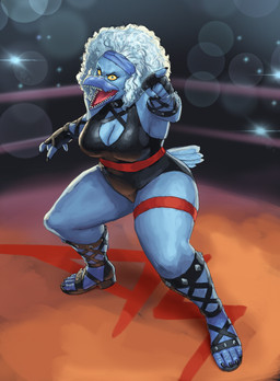 4_toes 5_fingers accessory anthro armwear beak big_breasts black_nails blue_body blue_feathers breasts claws cleavage clothed clothing colored_nails elbow_gloves feathers feet female fighting_ring fingers footwear gesture gloves hand_gesture handwear headband lens_flare leotard nails open_mouth pointing sharp_teeth solo standing teeth thick_thighs toe_claws toes wide_hips wrestling_singlet redustheriotact big_ass_comics accipitriform avian bird vulture vulture_demoness 2022 absurd_res hi_res