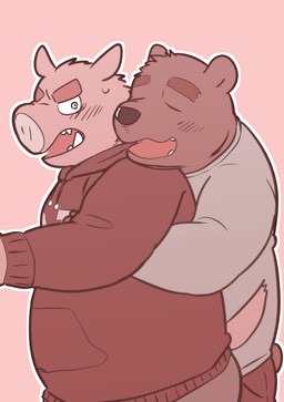 anthro blush bottomwear clothing cute_fangs duo eyes_closed fangs hoodie hug hugging_another hugging_from_behind kemono male male/male overweight overweight_male pants simple_background teeth text text_on_clothing text_on_hoodie text_on_topwear topwear kick_(artist) bear domestic_pig mammal suid suine sus_(pig) 2015 hi_res