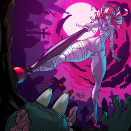 accessory areola bow_(feature) bow_accessory bow_ribbon brain breasts bulging_eyes cemetery clothing duo female footwear genitals hair_accessory hair_bow hair_ribbon heart_symbol heterochromia holding_melee_weapon holding_object holding_sword holding_weapon male melee_weapon moon navel night nipples not_furry nude organs ribbons shoes solo sword tombstone tongue tongue_out vulva weapon rashchaos hololive hololive_indonesia vtuber kureiji_ollie humanoid mammal undead zombie 1:1 absurd_res hi_res