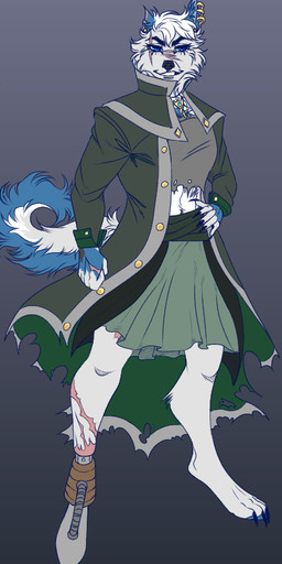 anthro claws clothed clothing facial_scar female gradient_background piercing prosthetic scar simple_background solo standing torn_ear unknown_artist fang_(galskapens) canid canine canis mammal wolf