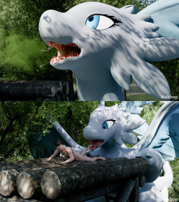 anthro bodily_fluids burp_cloud burping duo female female_anthro feral forest_background fur human_prey larger_anthro larger_female larger_pred male male/female regurgitation saliva sharp_teeth size_difference teeth tongue vore hakhop mythology palworld pocketpair dragon furred_dragon furred_scalie human mammal mythological_creature mythological_scalie pal_(species) quivern scalie 2026 3d_(artwork) blender_(artwork) blender_cycles_(artwork) comic digital_media_(artwork) hi_res
