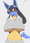 2023 anthro big_breasts biped black_body blue_body blue_fur blush breasts chest_tuft clothed clothing cooliehigh curvy_figure eyelashes female front_view fur generation_4_pokemon grey_background grey_clothing grey_hoodie grey_topwear hi_res hoodie hourglass_figure looking_at_viewer lucario midriff navel nintendo pokemon pokemon_(species) red_eyes simple_background small_waist smile solo tail tan_body topwear tuft under_boob wide_hips yellow_body yellow_fur