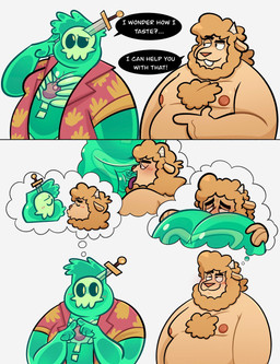 2_panel_comic anal anthro aroused_smile balls blush blush_lines body_blush body_hair butt butt_blush butt_grab chest_hair dialogue duo eyebrows fellatio genitals gesture hand_gesture hand_on_butt kissing looking_at_another male male/male nipples oral overweight overweight_male penile penis pointing pointing_at_another raised_eyebrow rimming sex shirtless_male shy speech_bubble standing text thinking_pose thought_bubble tongue tongue_out anukkyt doug_(monster_con) oliver_baaple bovid caprine goo_creature mammal sheep comic english_text hi_res
