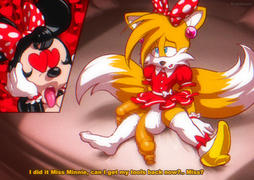 accessory anthro big_penis bow_(feature) bow_accessory bow_ribbon centered_hair_bow clothed clothing crossdressing dialogue duo female femboy footwear foreskin genitals hair_accessory hair_bow hair_ribbon heart_eyes heart_symbol high_heels huge_penis hyper hyper_genitalia hyper_penis male male/female multi_genitalia multi_penis multi_tail panties panty_shot penis ribbons shoes tail text tongue tongue_out underwear angelauxes disney sega sonic_the_hedgehog_(series) miles_prower minnie_mouse canid canine fox house_mouse humanoid mammal mouse murid murine red_fox rodent true_fox english_text