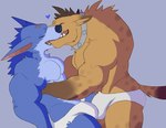 anthro biceps blue_body blue_fur blue_hair blue_mane blue_nose brown_body brown_fur brown_hair brown_mane brown_spots bulge bulge_frottage clothed clothing collar countershading duo frottage fur hair heart_symbol holding_partner kissing male male/male mane markings muscular muscular_anthro muscular_male open_mouth open_smile pecs penile scratch sex sharp_teeth simple_background smile spiked_collar spikes spots spotted_body spotted_fur tan_body tan_fur tan_mane teeth tongue underwear underwear_only fleshformomo blizzard_entertainment league_of_legends mythology riot_games tencent warcraft hogger warwick_(lol) canid canine canis gnoll hyena mammal mythological_canine mythological_creature werecanid werecanine werecreature werewolf wolf crossover