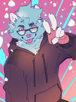 anthro black_clothing black_hoodie black_topwear blep blue_body blue_fur clothing eyewear fingerless_gloves fur gesture glasses gloves hand_gesture handwear hoodie looking_at_viewer male pink_eyes pink_tongue solo tongue tongue_out topwear v_sign wearing_glasses hemuchang canid canine canis mammal wolf 2023 hi_res