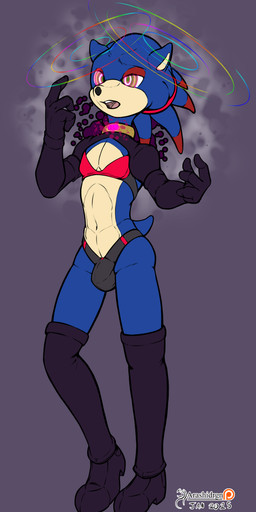 athletic athletic_male blue_body bulge clothed clothing detailed_bulge femboy fur gloves green_eyes handwear hypnosis male mind_control ringed_eyes slim solo tail arashidrgn sega sonic_the_hedgehog_(series) sonic_the_hedgehog eulipotyphlan hedgehog mammal 2025 absurd_res hi_res