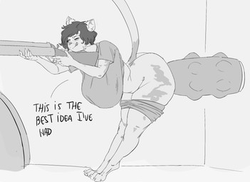 anthro bad_gun_safety bent_over big_breasts big_butt biped bottomwear bottomwear_down breasts butt clothing dialogue dildo female gun hair holding_object holding_weapon hyper_dildo one_eye_closed raised_tail ranged_weapon sex_toy shirt solo tail text topwear weapon dreamy_pride felid mammal english_text hi_res monochrome