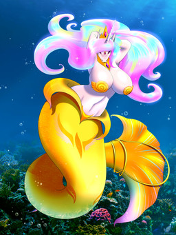anthro big_breasts blue_highlights breasts bubble cephalopod_shell crown eyeshadow female gem glistening glistening_breasts gold_(metal) gold_jewelry green_highlights hair hands_behind_head headgear highlights_(coloring) horn jewelry looking_at_viewer makeup mermaid_tail mollusk_shell multicolored_hair narrowed_eyes navel necklace pasties photo_background pink_eyeshadow pink_hair scales seashell_pasties shell small_waist solo sparkles sparkling_hair split_form tail tiara underwater water white_body wide_hips yellow_body yellow_scales yellow_tail blueondrive friendship_is_magic hasbro my_little_pony mythology princess_celestia_(mlp) ambient_coral ambient_sealife aquatic equid equine mammal merfolk mythological_creature mythological_equine unicorn 3:4 absurd_res hi_res mixed_media photography_(artwork)
